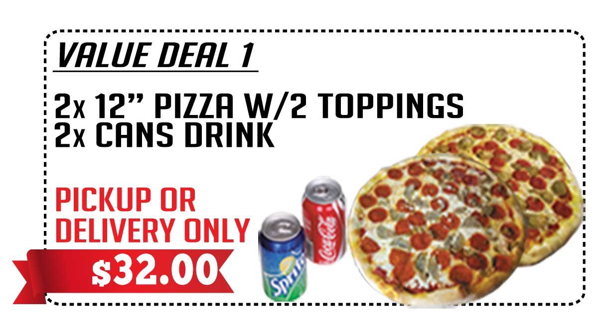 Two 12 inch pizzas with two toppings and drinks - Pizza De Leon deal