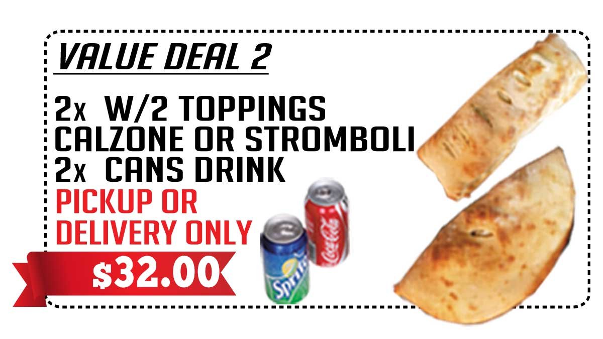 Two calzones or strombolis with two toppings and drinks - Pizza De Leon deal