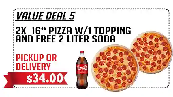 Two 16 inch one topping pizzas with 2 liter soda - Pizza De Leon deal
