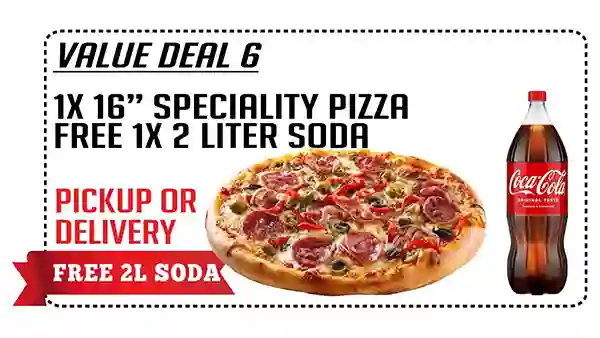 16 inch specialty pizza with free 2 liter soda - Pizza De Leon deal