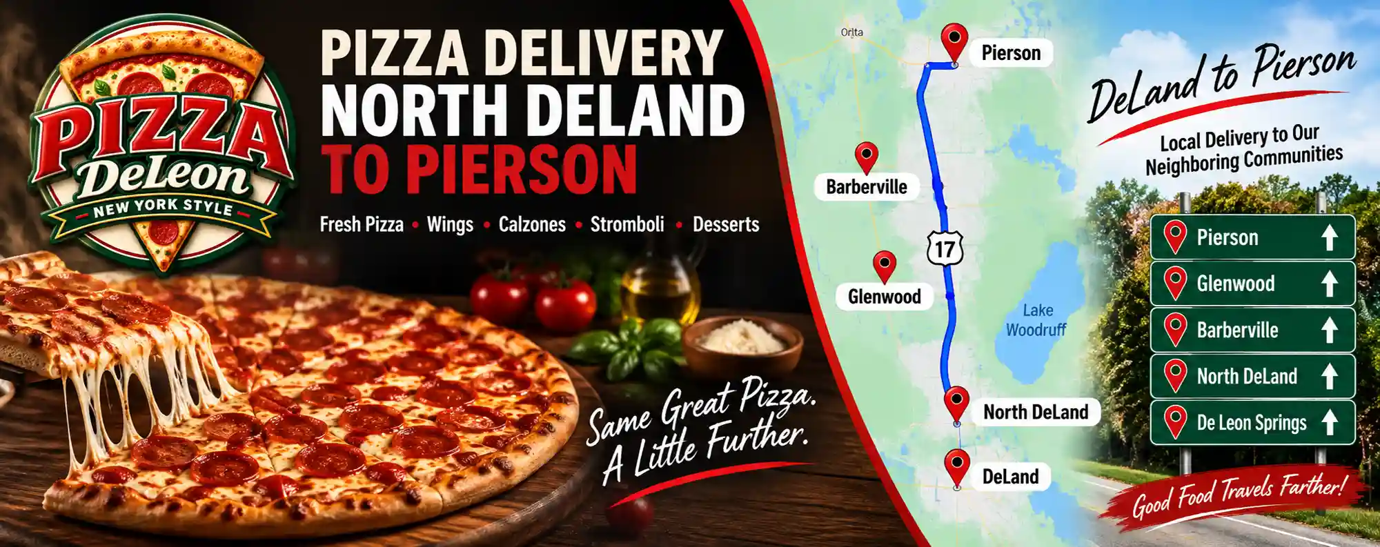Pizza De Leon delivery areas from North DeLand to Pierson, Florida