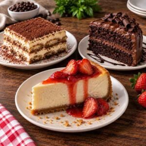 pizza-de-leon-desserts New York cheesecake tiramisu and chocolate cake at Pizza De Leon