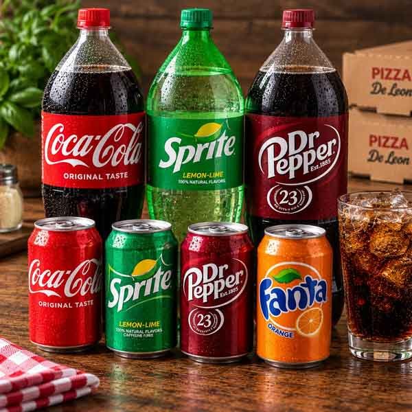 Cans and 2 liter soft drinks at Pizza De Leon