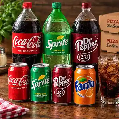Canned and 2-liter drinks at Pizza De Leon